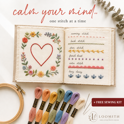 Embroidery stitch book complete kit with thread and hoop — Loomith