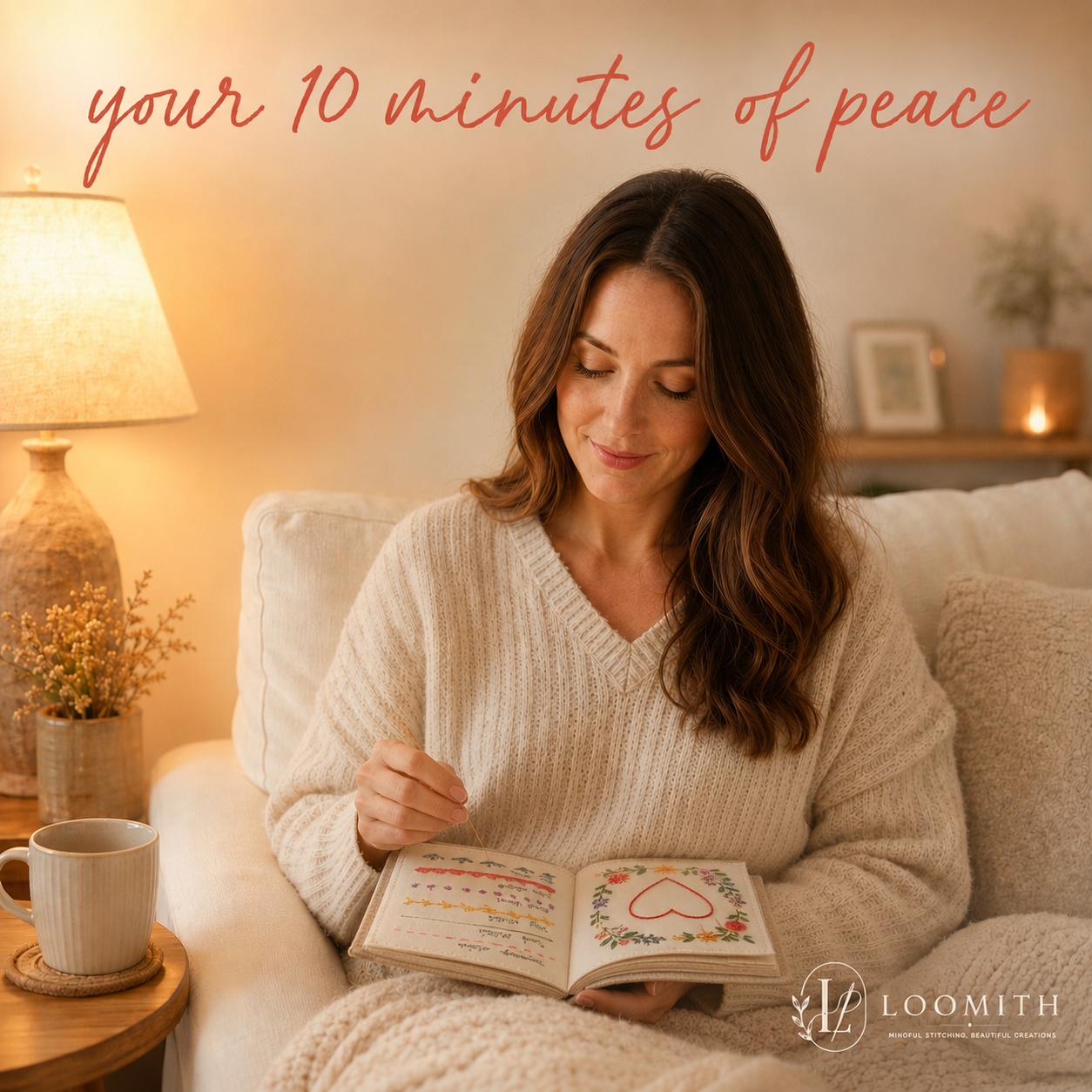 Woman relaxing on sofa stitching the Mindful Stitch Book by Loomith