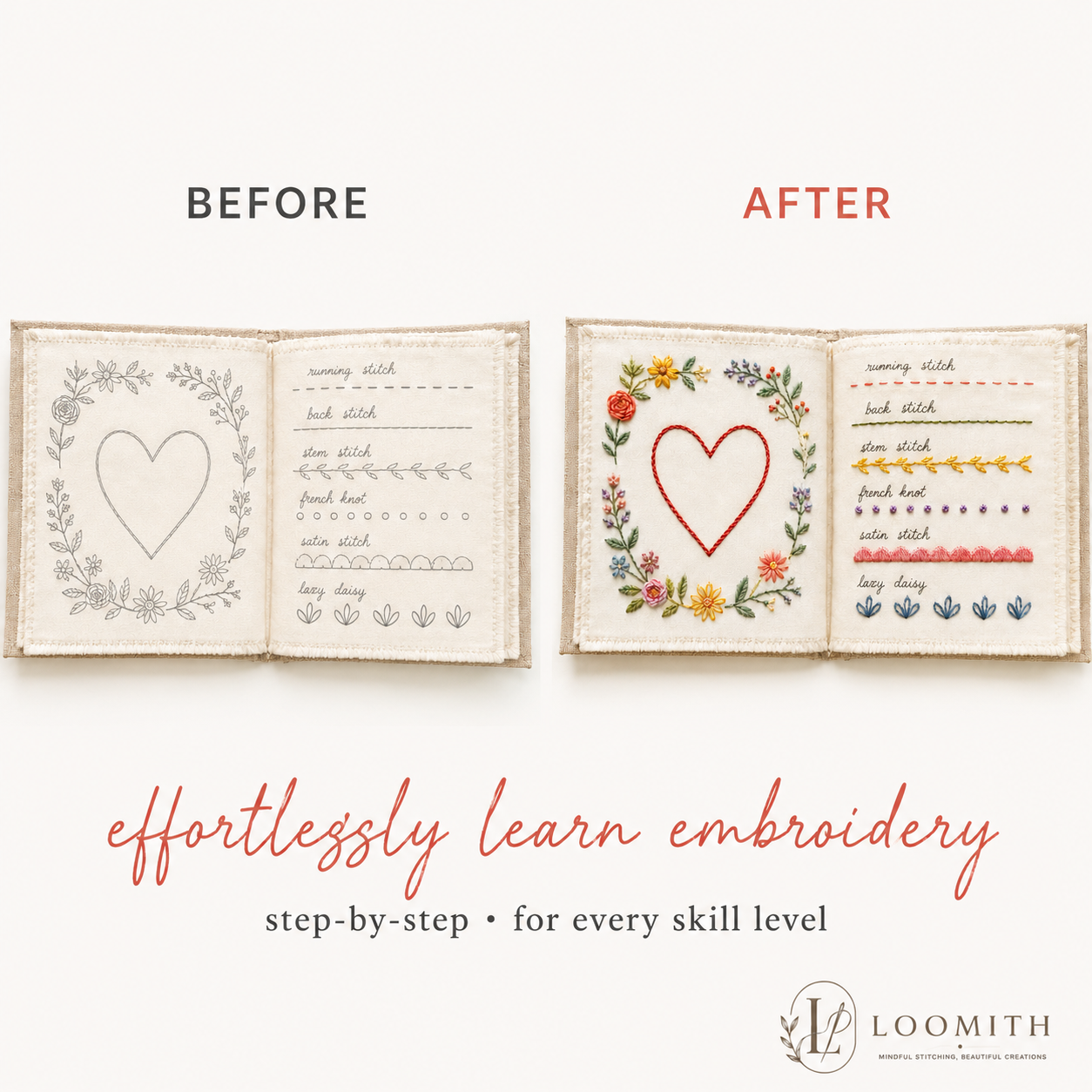 Before and after embroidery stitch book — learn step by step