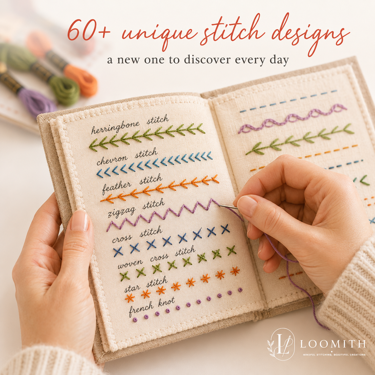 Close up hands stitching embroidery book with 60+ unique designs