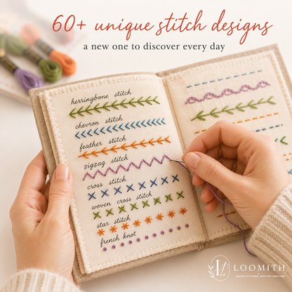 Close up hands stitching embroidery book with 60+ unique designs