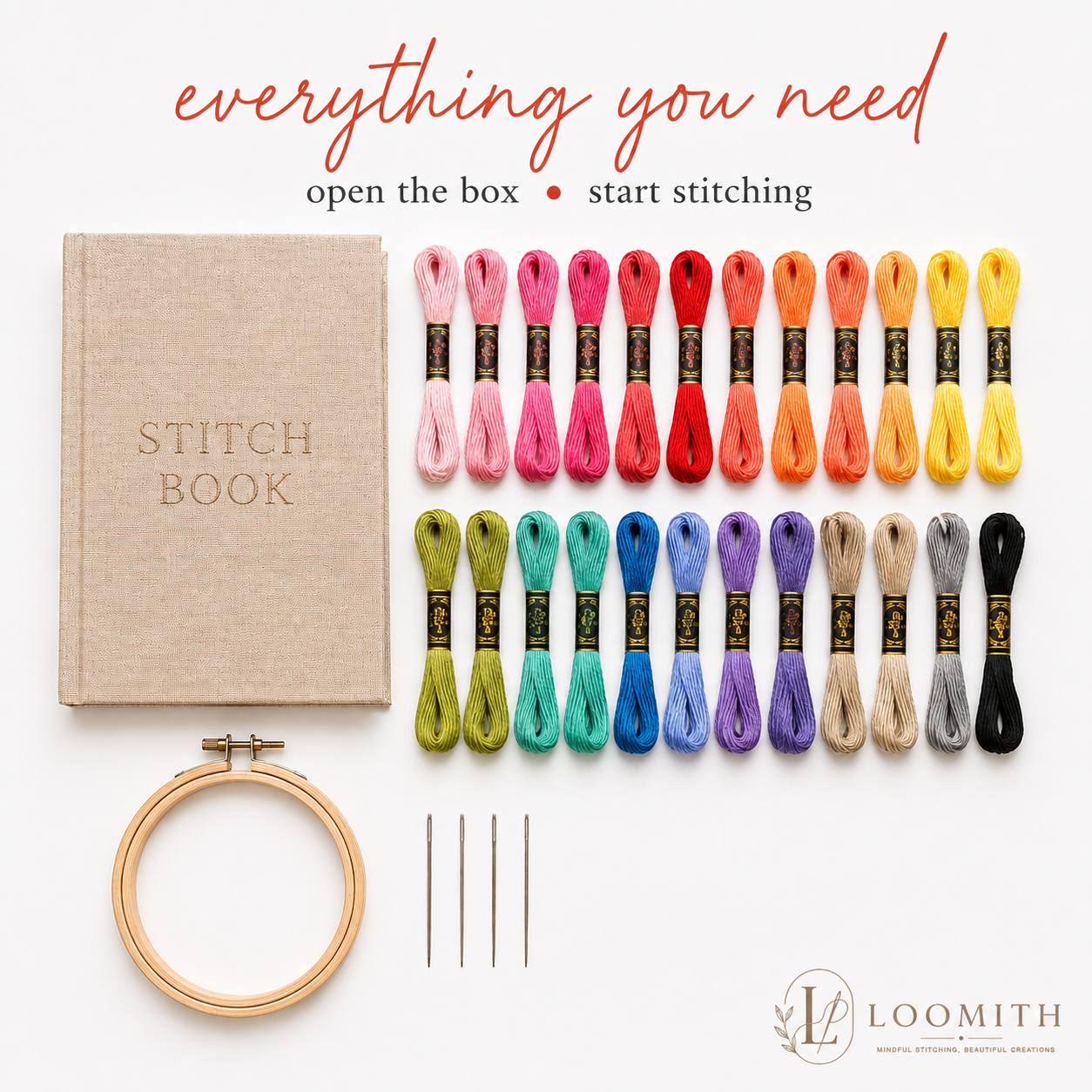 Everything included in the Loomith embroidery kit — thread hoop needles